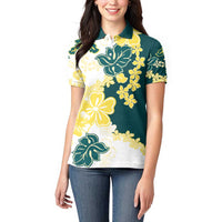 Yelow Teal Hibiscus Plumeria Floral Women Polo Shirt - Polynesian Pride