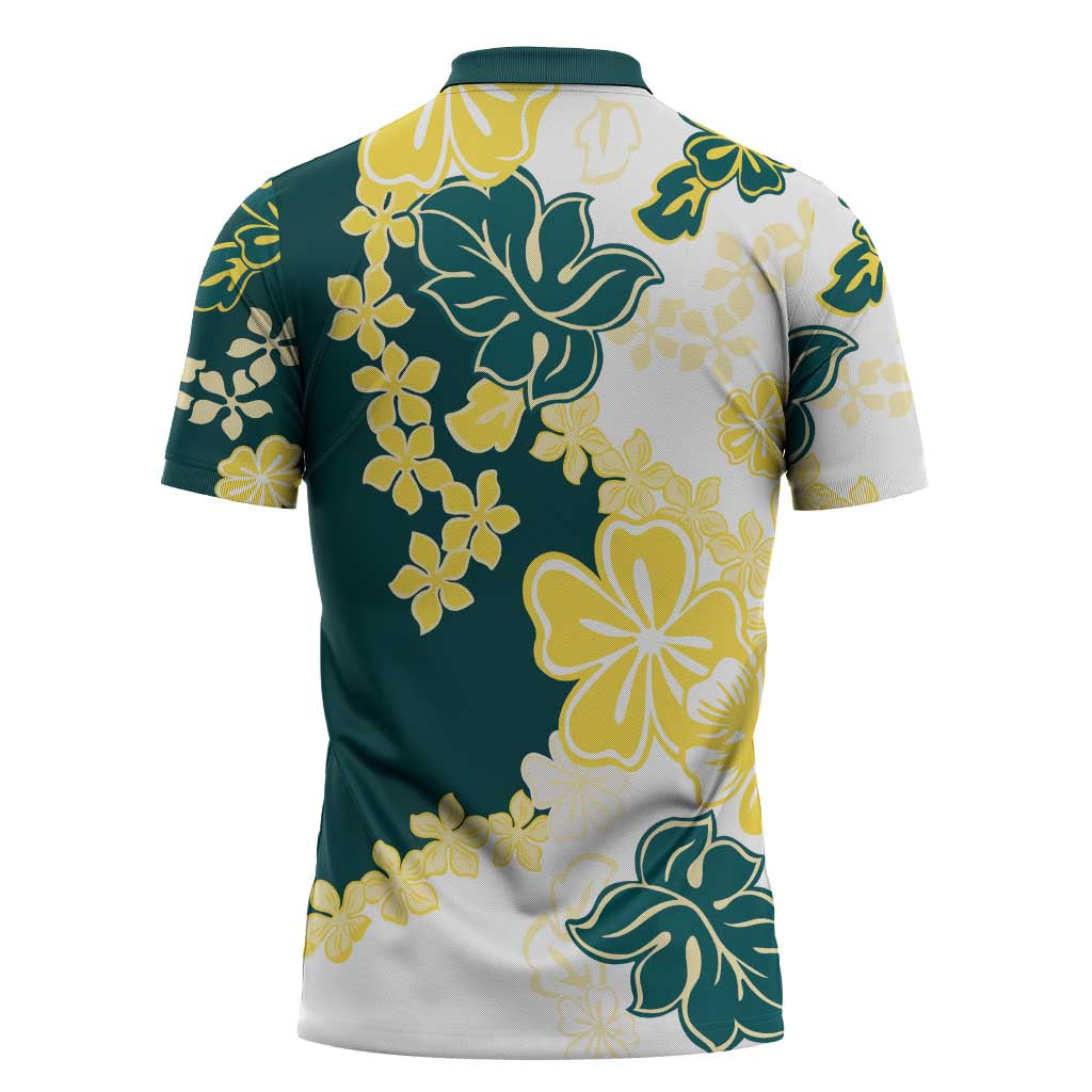 Yelow Teal Hibiscus Plumeria Floral Zipper Polo Shirt LT01 - Polynesian Pride