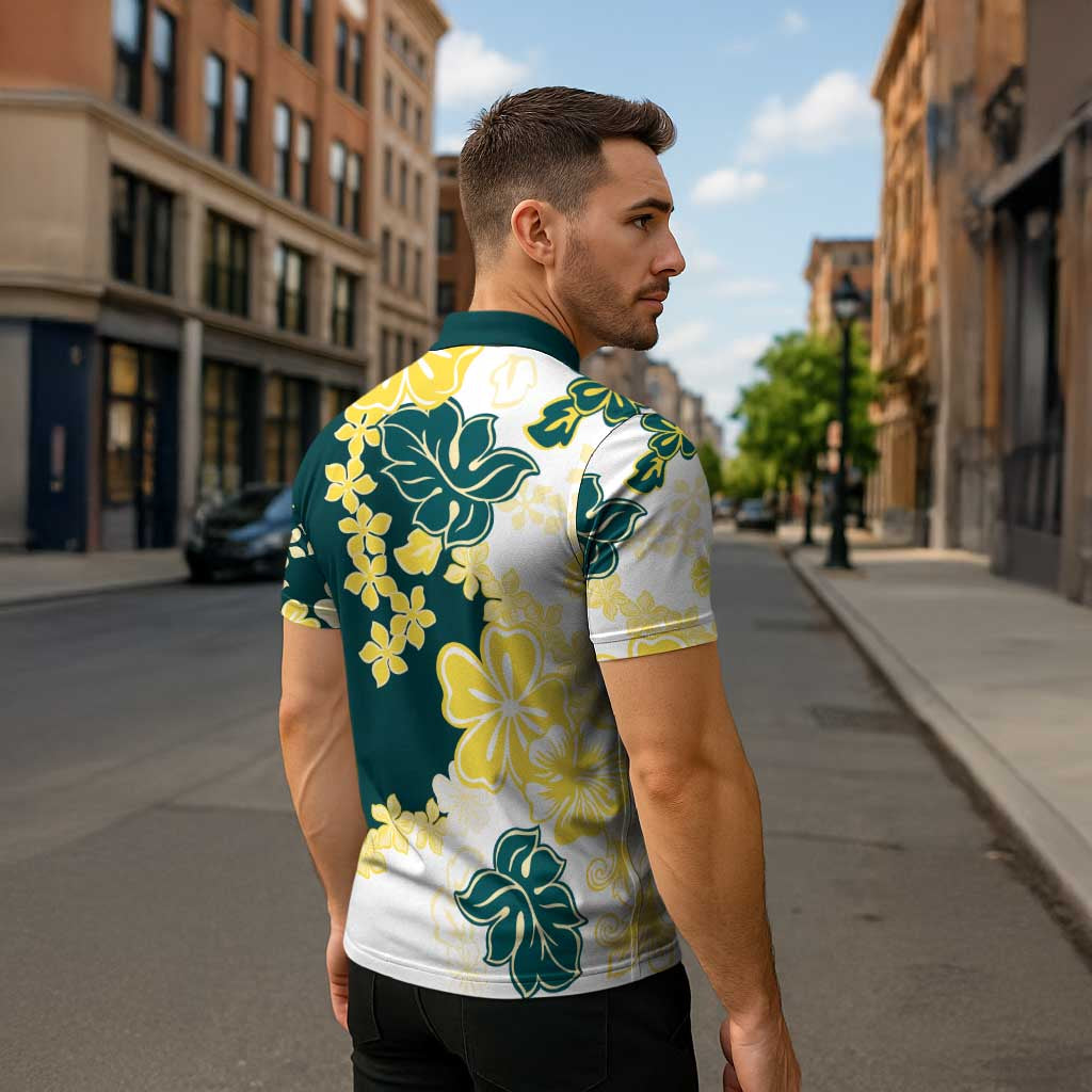 Yelow Teal Hibiscus Plumeria Floral Zipper Polo Shirt LT01 - Polynesian Pride