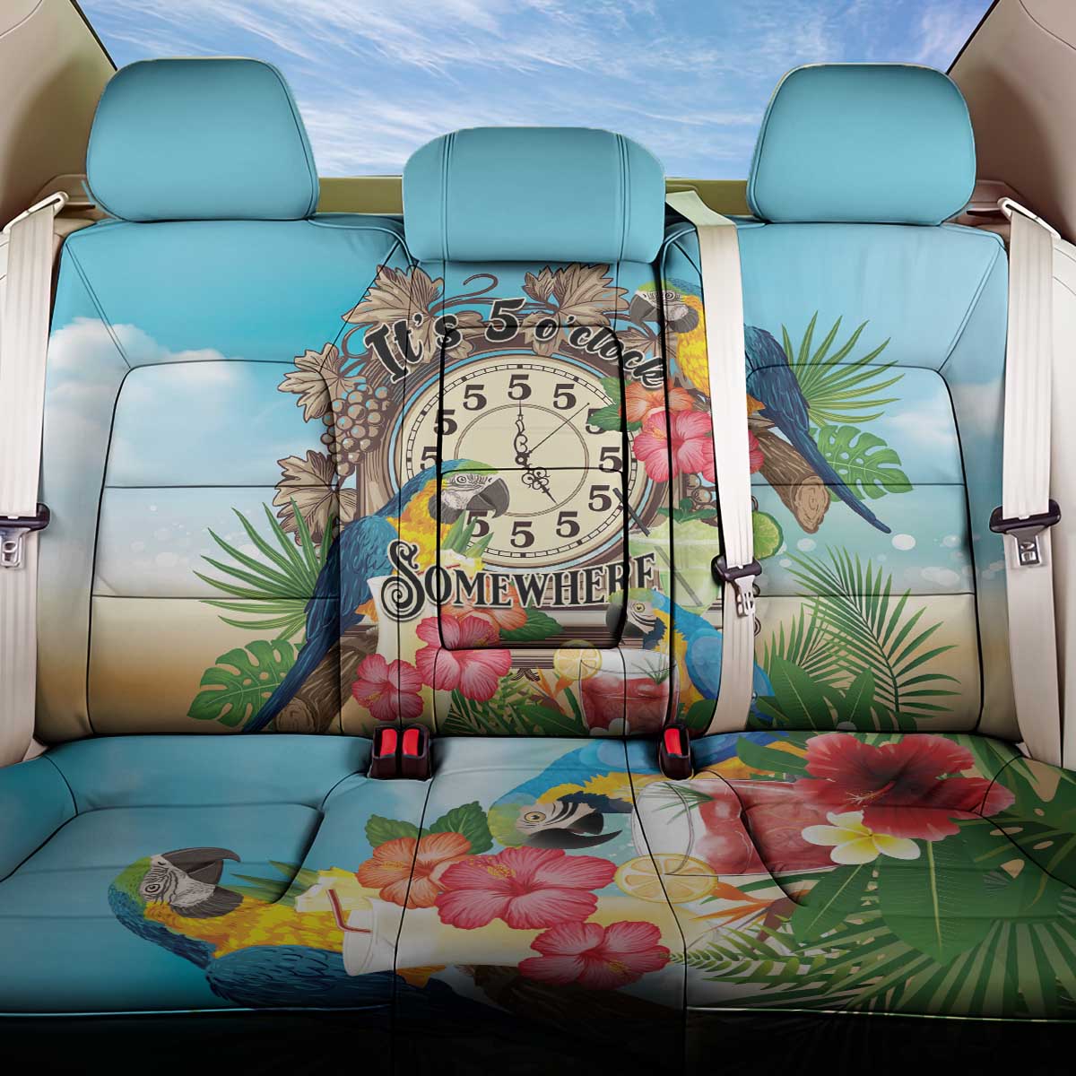 It's 5 o'clock Somewhere Back Car Seat Cover Hawaiian Tropical Parrots - Polynesian Pride