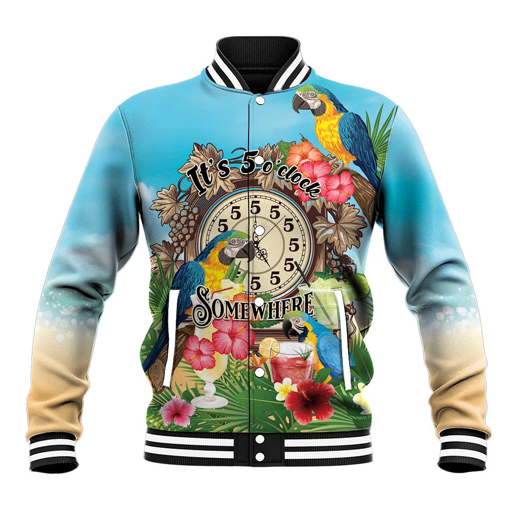 Personalized It's 5 o'clock Somewhere Baseball Jacket Hawaiian Tropical Parrots - Polynesian Pride