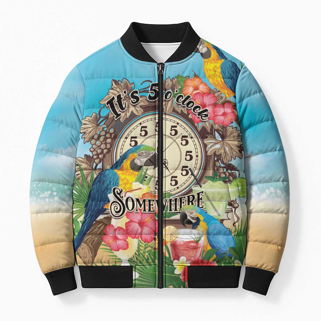 Personalized It's 5 o'clock Somewhere Bomber Puffer Jacket Hawaiian Tropical Parrots - Polynesian Pride