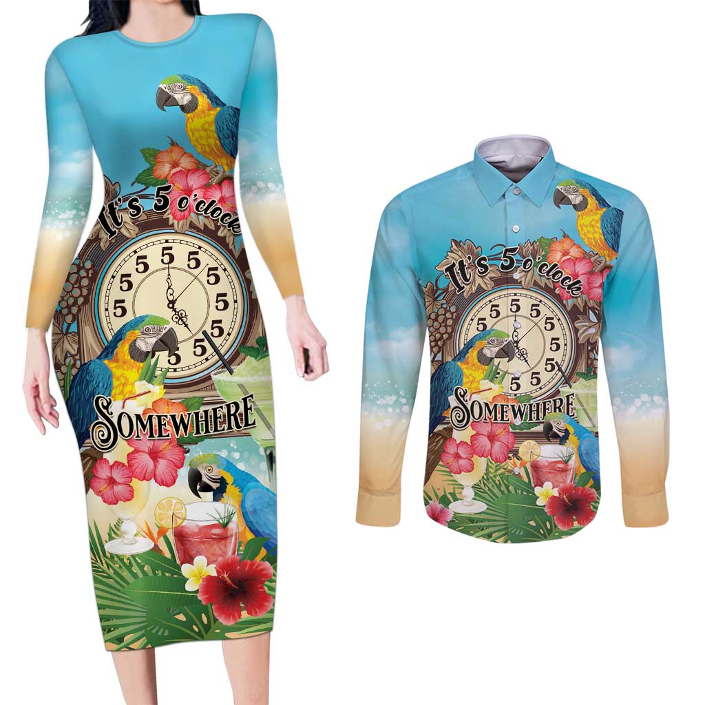 Personalized It's 5 o'clock Somewhere Couples Matching Long Sleeve Bodycon Dress and Long Sleeve Button Shirt Hawaiian Tropical Parrots - Polynesian Pride