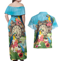 Personalized It's 5 o'clock Somewhere Couples Matching Off Shoulder Maxi Dress and Hawaiian Shirt Hawaiian Tropical Parrots - Polynesian Pride