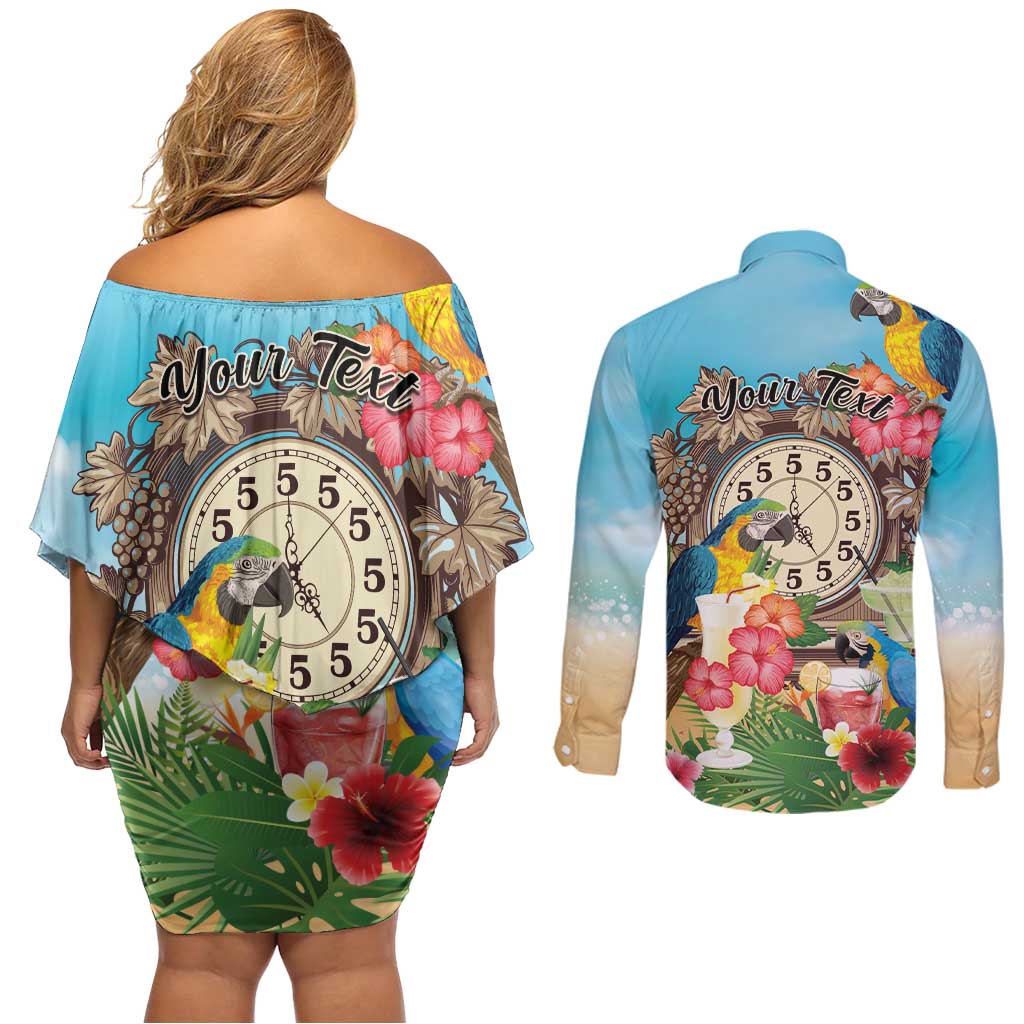 Personalized It's 5 o'clock Somewhere Couples Matching Off Shoulder Short Dress and Long Sleeve Button Shirt Hawaiian Tropical Parrots - Polynesian Pride