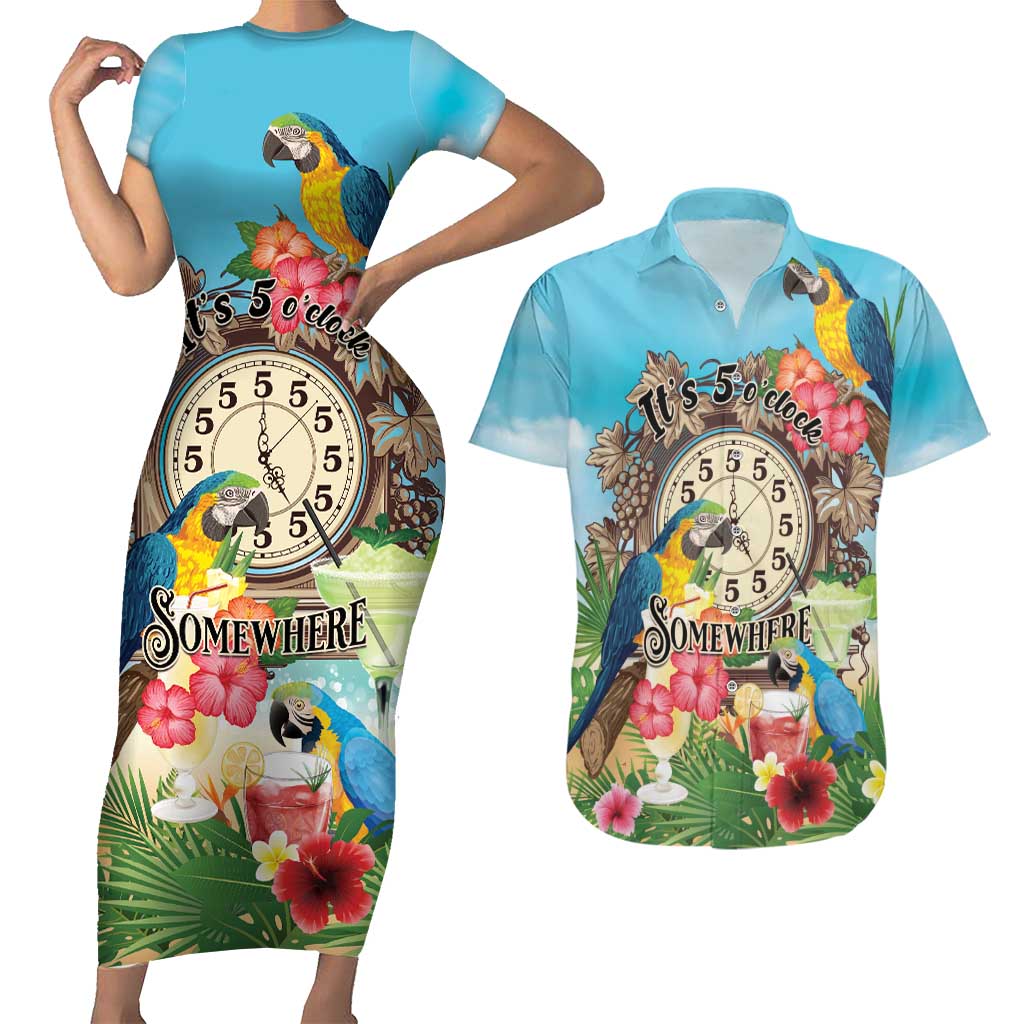 Personalized It's 5 o'clock Somewhere Couples Matching Short Sleeve Bodycon Dress and Hawaiian Shirt Hawaiian Tropical Parrots - Polynesian Pride