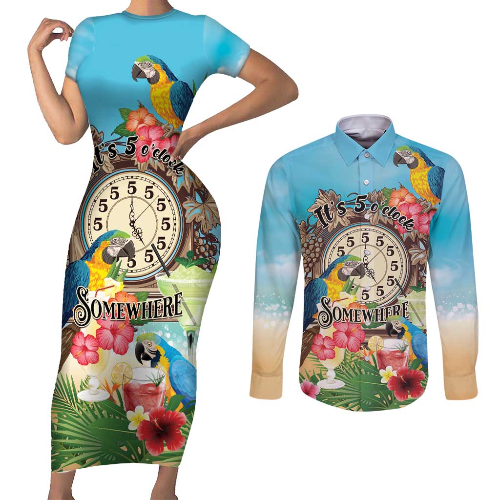 Personalized It's 5 o'clock Somewhere Couples Matching Short Sleeve Bodycon Dress and Long Sleeve Button Shirt Hawaiian Tropical Parrots - Polynesian Pride