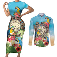 Personalized It's 5 o'clock Somewhere Couples Matching Short Sleeve Bodycon Dress and Long Sleeve Button Shirt Hawaiian Tropical Parrots - Polynesian Pride