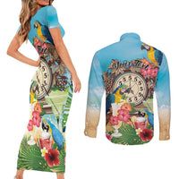 Personalized It's 5 o'clock Somewhere Couples Matching Short Sleeve Bodycon Dress and Long Sleeve Button Shirt Hawaiian Tropical Parrots - Polynesian Pride