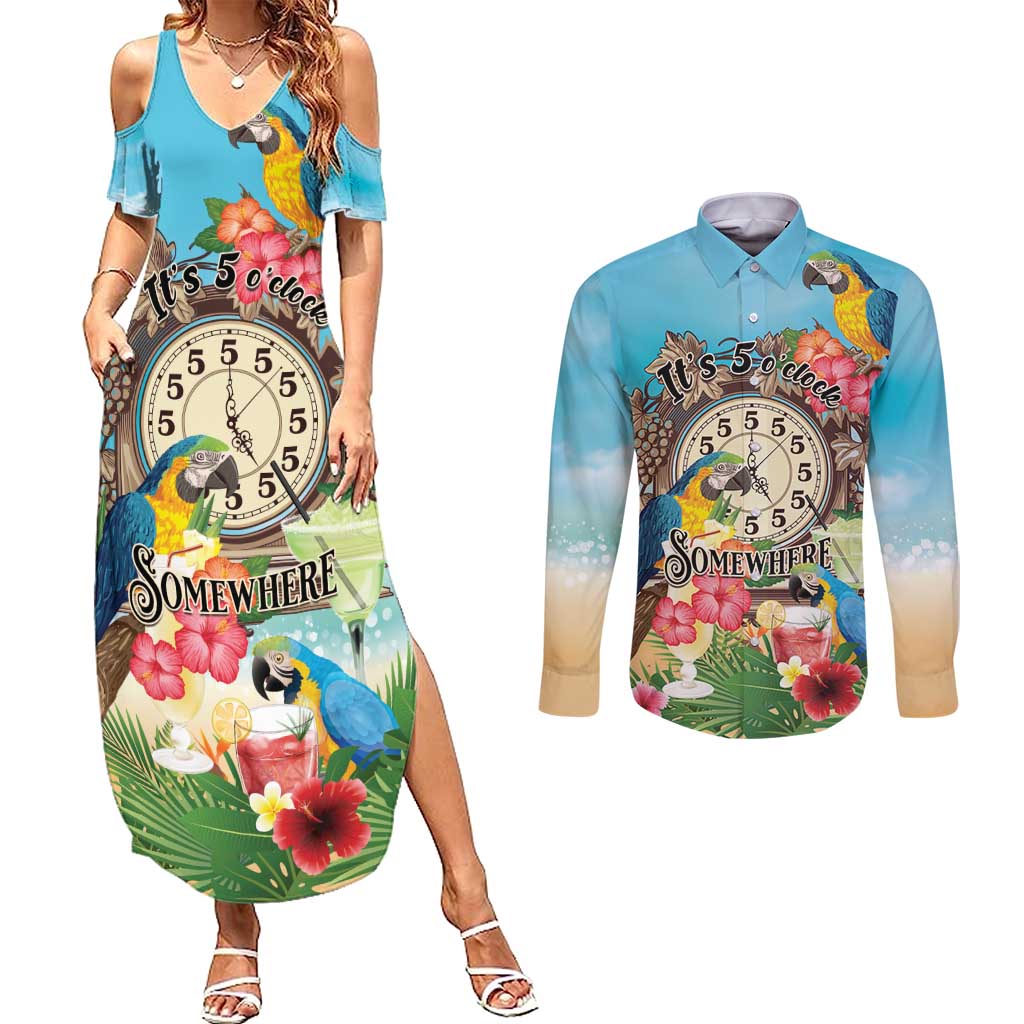 Personalized It's 5 o'clock Somewhere Couples Matching Summer Maxi Dress and Long Sleeve Button Shirt Hawaiian Tropical Parrots - Polynesian Pride
