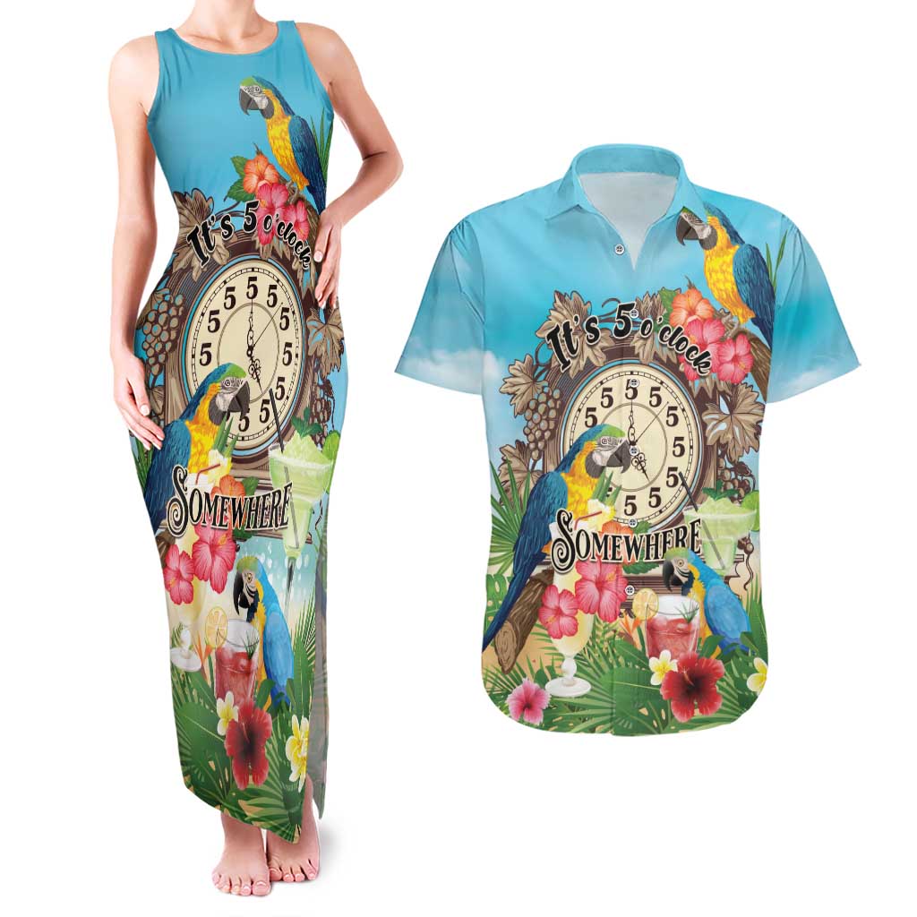 Personalized It's 5 o'clock Somewhere Couples Matching Tank Maxi Dress and Hawaiian Shirt Hawaiian Tropical Parrots - Polynesian Pride