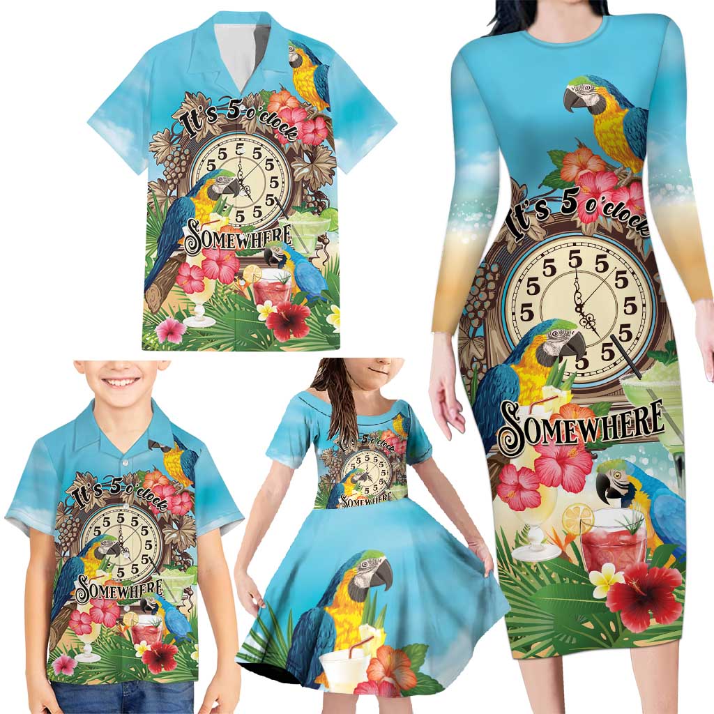 Personalized It's 5 o'clock Somewhere Family Matching Long Sleeve Bodycon Dress and Hawaiian Shirt Hawaiian Tropical Parrots - Polynesian Pride