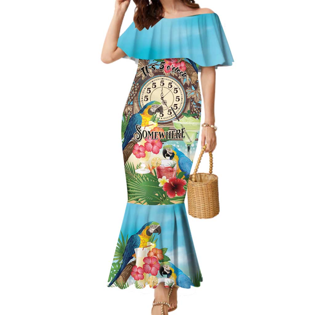 Personalized It's 5 o'clock Somewhere Family Matching Mermaid Dress and Hawaiian Shirt Hawaiian Tropical Parrots - Polynesian Pride