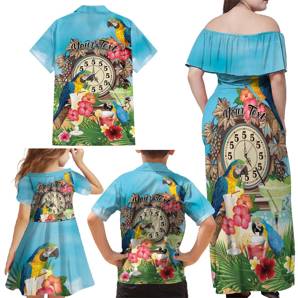 Personalized It's 5 o'clock Somewhere Family Matching Off Shoulder Maxi Dress and Hawaiian Shirt Hawaiian Tropical Parrots - Polynesian Pride