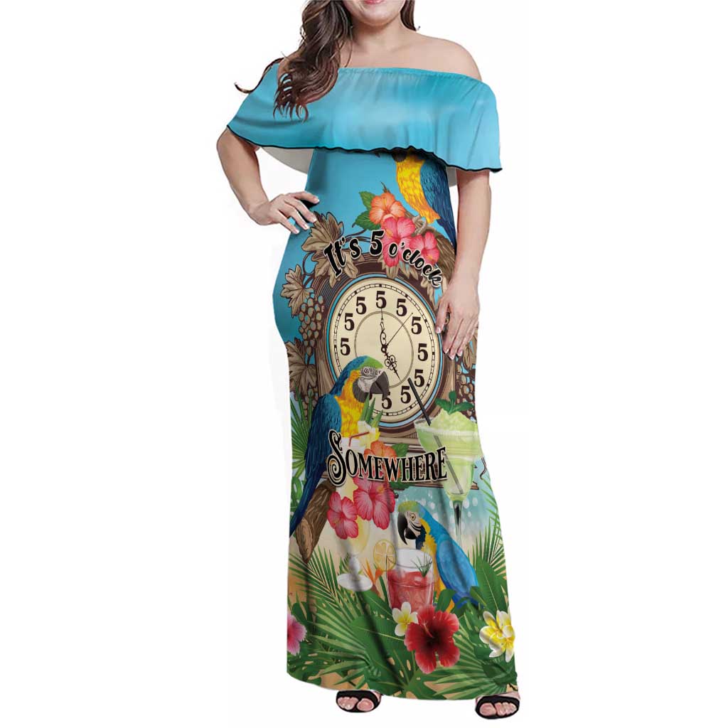 Personalized It's 5 o'clock Somewhere Family Matching Off Shoulder Maxi Dress and Hawaiian Shirt Hawaiian Tropical Parrots - Polynesian Pride
