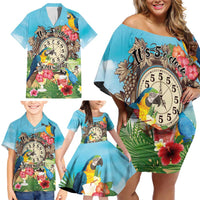 Personalized It's 5 o'clock Somewhere Family Matching Off Shoulder Short Dress and Hawaiian Shirt Hawaiian Tropical Parrots - Polynesian Pride