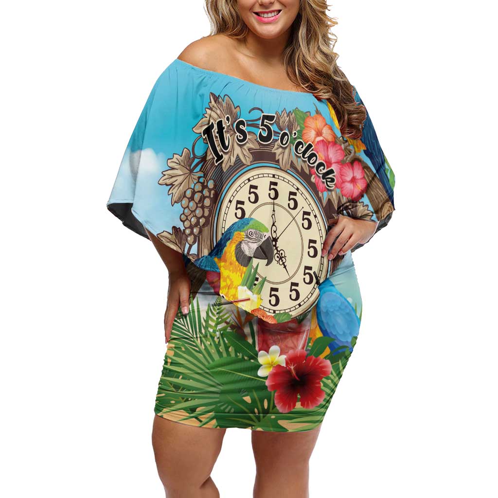 Personalized It's 5 o'clock Somewhere Family Matching Off Shoulder Short Dress and Hawaiian Shirt Hawaiian Tropical Parrots - Polynesian Pride