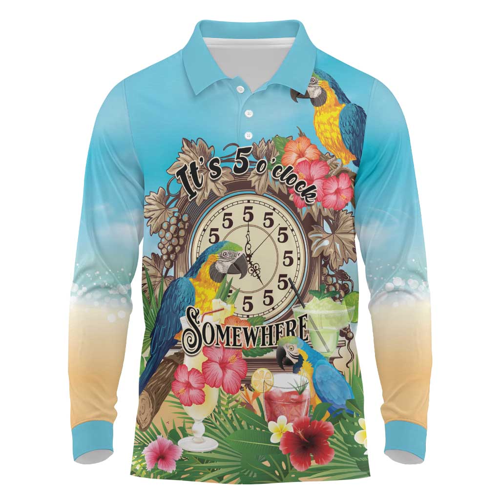 Personalized It's 5 o'clock Somewhere Long Sleeve Polo Shirt Hawaiian Tropical Parrots - Polynesian Pride