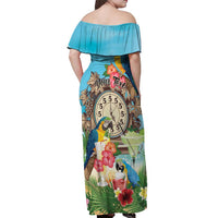 Personalized It's 5 o'clock Somewhere Off Shoulder Maxi Dress Hawaiian Tropical Parrots - Polynesian Pride