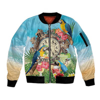Personalized It's 5 o'clock Somewhere Sleeve Zip Bomber Jacket Hawaiian Tropical Parrots - Polynesian Pride