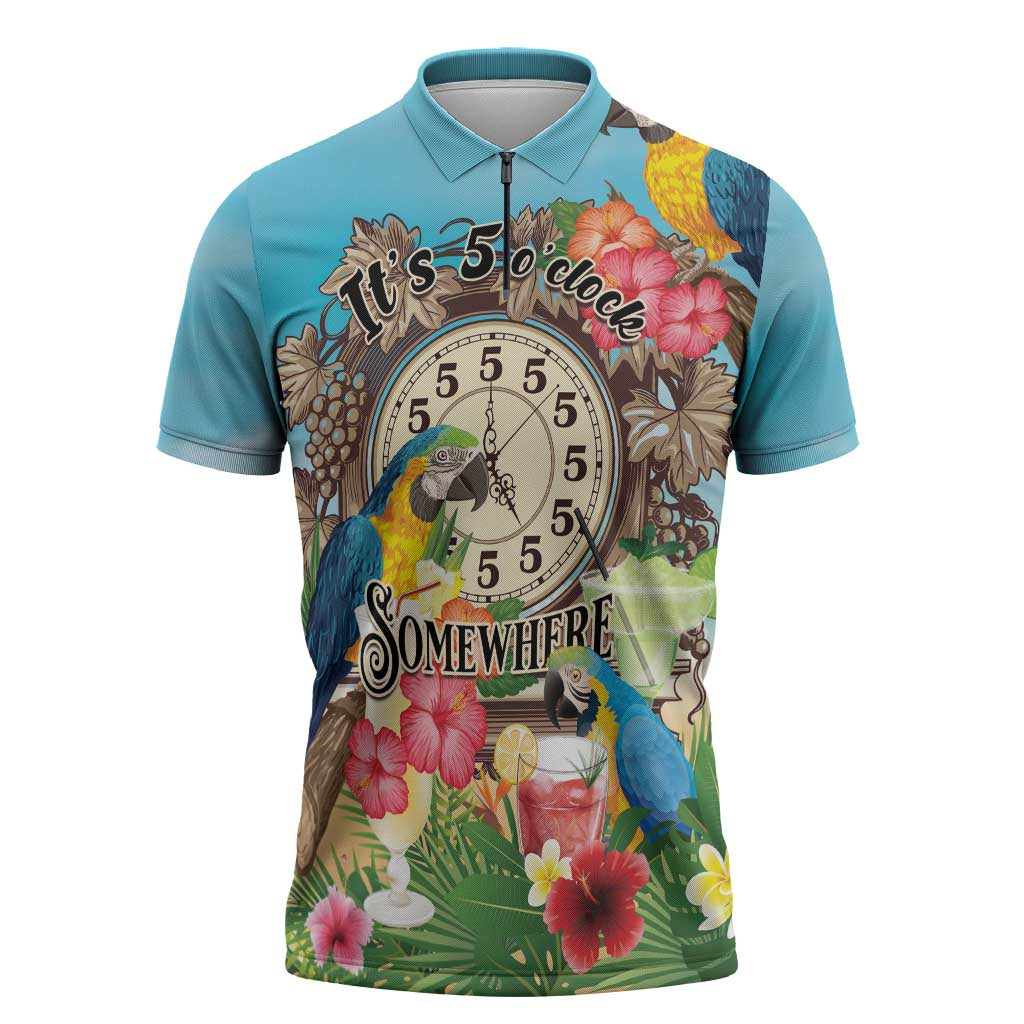 Personalized It's 5 o'clock Somewhere Zipper Polo Shirt Hawaiian Tropical Parrots - Polynesian Pride