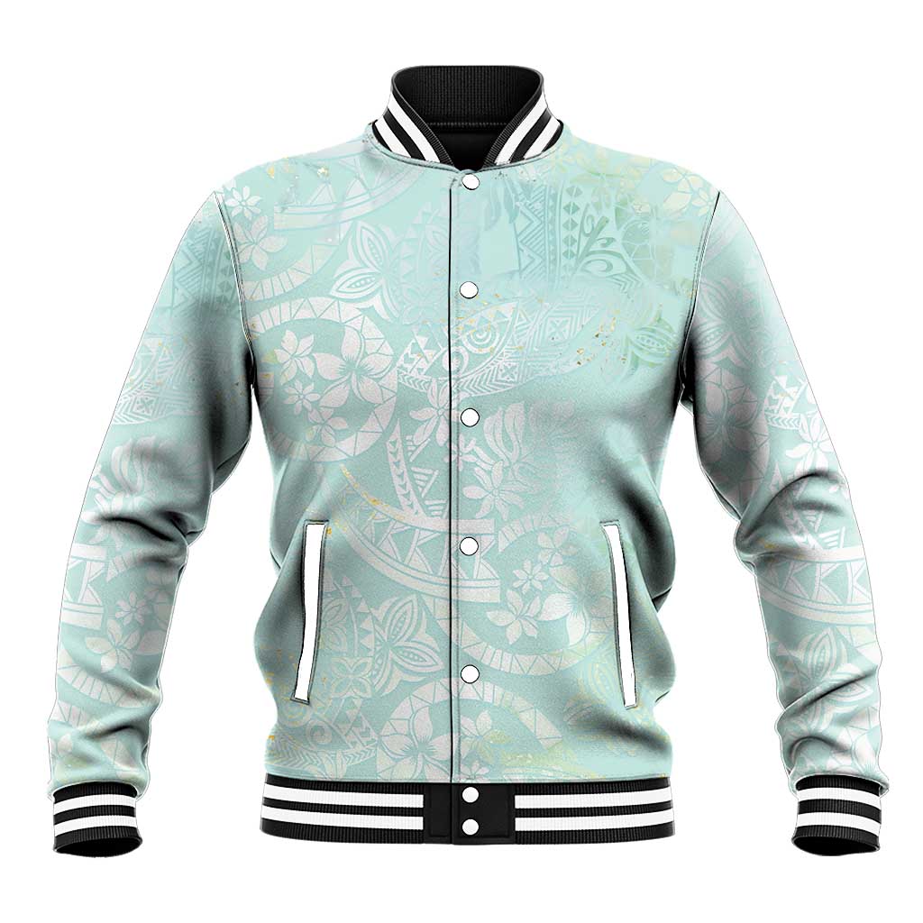 Polynesian Tiare Monstera Seafoam Green Baseball Jacket Liquid Style - Polynesian Pride