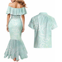 Polynesian Tiare Monstera Seafoam Green Couples Matching Mermaid Dress and Hawaiian Shirt Liquid Style - Polynesian Pride
