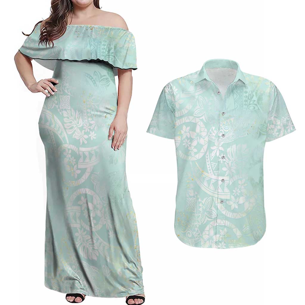Polynesian Tiare Monstera Seafoam Green Couples Matching Off Shoulder Maxi Dress and Hawaiian Shirt Liquid Style - Polynesian Pride