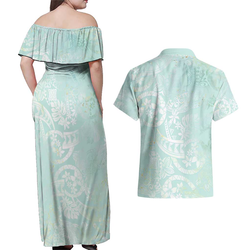 Polynesian Tiare Monstera Seafoam Green Couples Matching Off Shoulder Maxi Dress and Hawaiian Shirt Liquid Style - Polynesian Pride