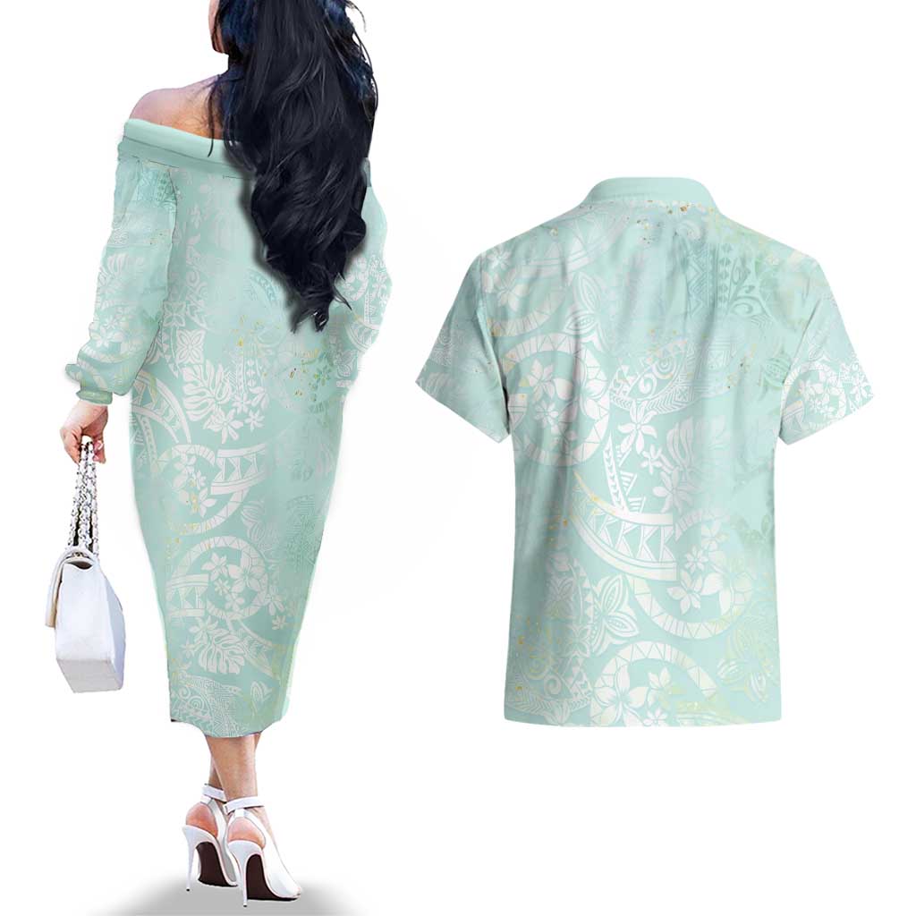 Polynesian Tiare Monstera Seafoam Green Couples Matching Off The Shoulder Long Sleeve Dress and Hawaiian Shirt Liquid Style - Polynesian Pride
