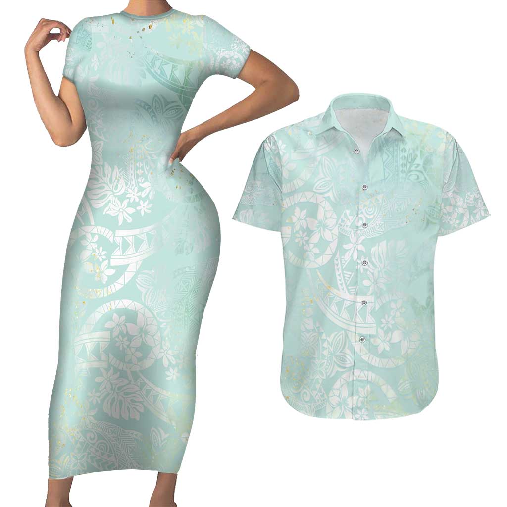 Polynesian Tiare Monstera Seafoam Green Couples Matching Short Sleeve Bodycon Dress and Hawaiian Shirt Liquid Style - Polynesian Pride