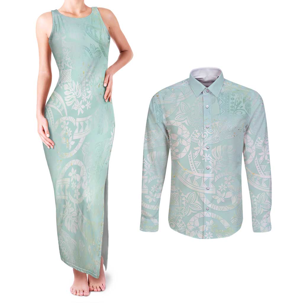 Polynesian Tiare Monstera Seafoam Green Couples Matching Tank Maxi Dress and Long Sleeve Button Shirt Liquid Style - Polynesian Pride
