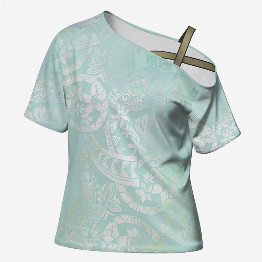 Polynesian Tiare Monstera Seafoam Green Cross Shoulder Shirt Liquid Style - Polynesian Pride