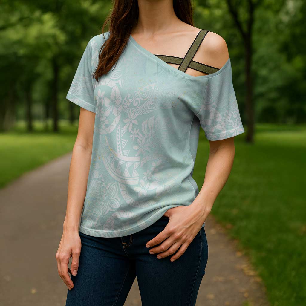 Polynesian Tiare Monstera Seafoam Green Cross Shoulder Shirt Liquid Style - Polynesian Pride