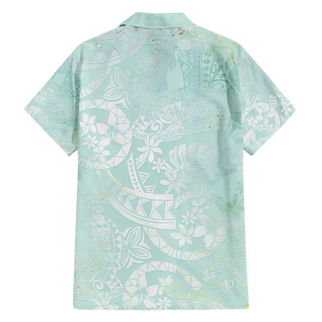 Polynesian Tiare Monstera Seafoam Green Family Matching Off Shoulder Short Dress and Hawaiian Shirt Liquid Style - Polynesian Pride
