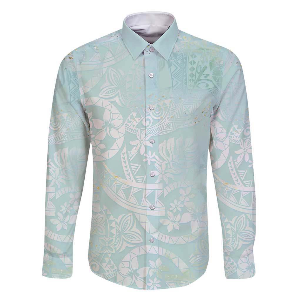 Polynesian Tiare Monstera Seafoam Green Family Matching Off Shoulder Short Dress and Hawaiian Shirt Liquid Style - Polynesian Pride