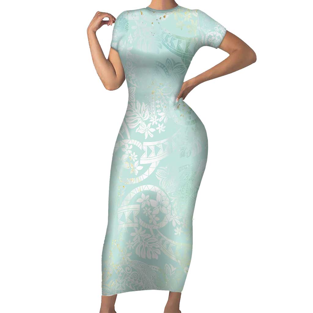 Polynesian Tiare Monstera Seafoam Green Family Matching Short Sleeve Bodycon Dress and Hawaiian Shirt Liquid Style - Polynesian Pride