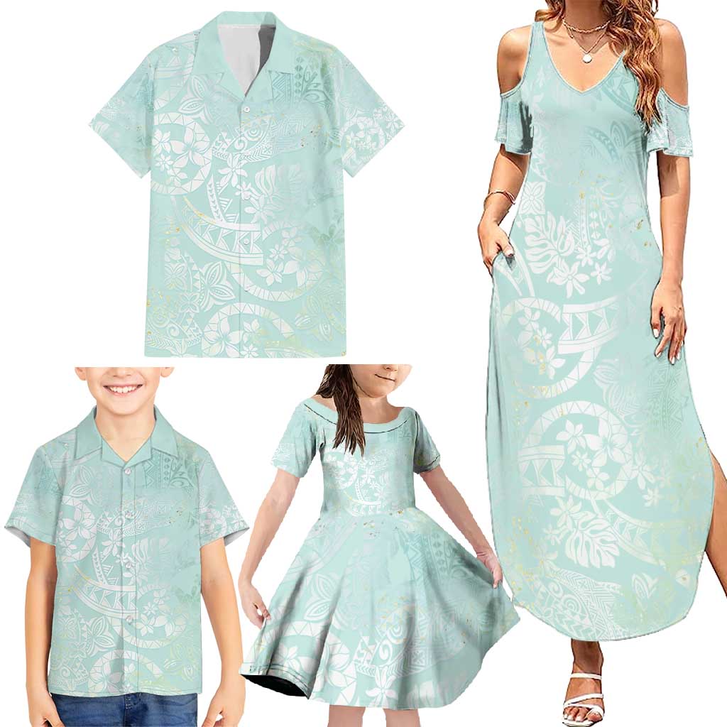 Polynesian Tiare Monstera Seafoam Green Family Matching Summer Maxi Dress and Hawaiian Shirt Liquid Style - Polynesian Pride