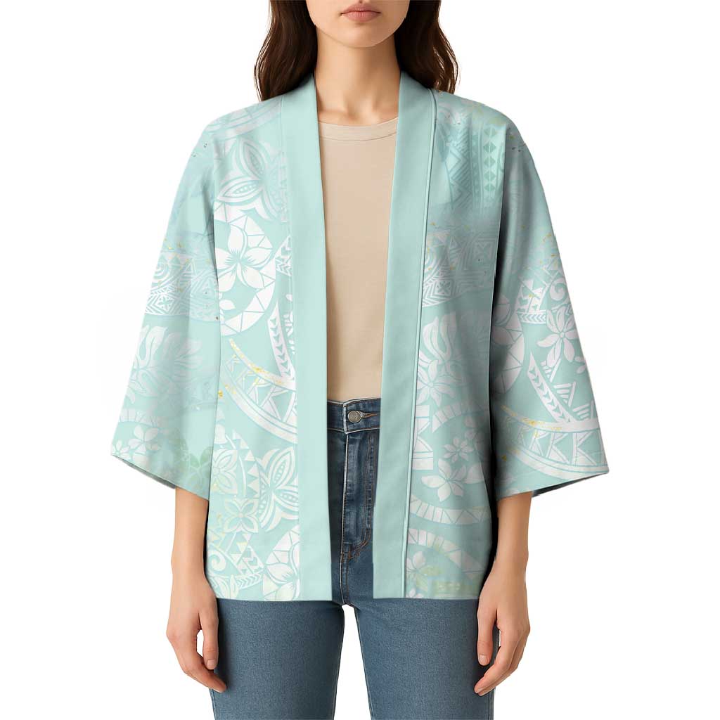 Polynesian Tiare Monstera Seafoam Green Kimono Liquid Style - Polynesian Pride