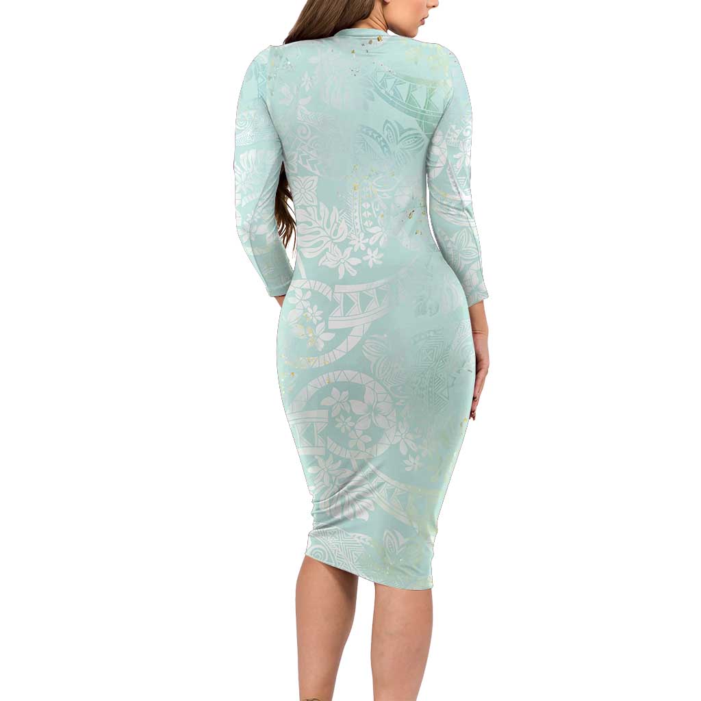 Polynesian Tiare Monstera Seafoam Green Long Sleeve Bodycon Dress Liquid Style - Polynesian Pride