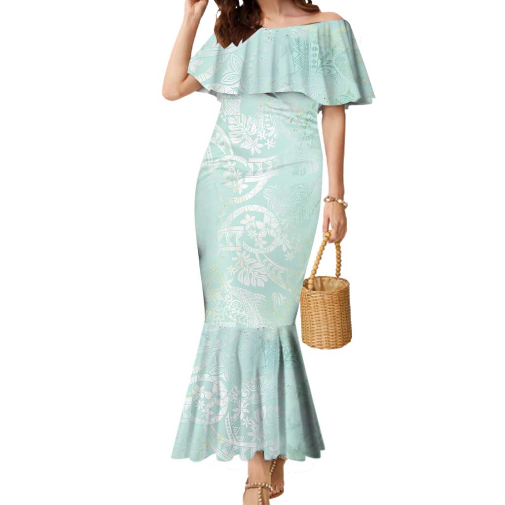 Polynesian Tiare Monstera Seafoam Green Mermaid Dress Liquid Style - Polynesian Pride