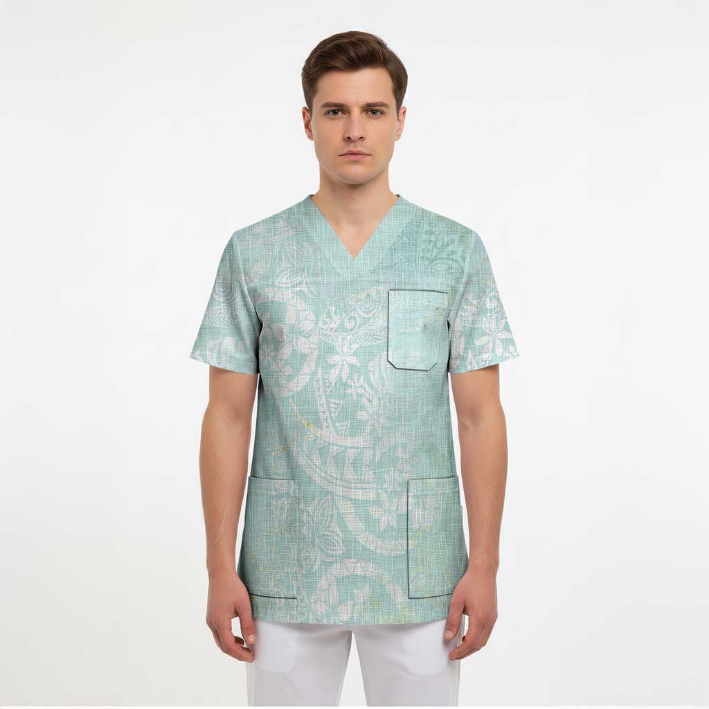 Polynesian Tiare Monstera Seafoam Green Scrub Top Liquid Style - Polynesian Pride