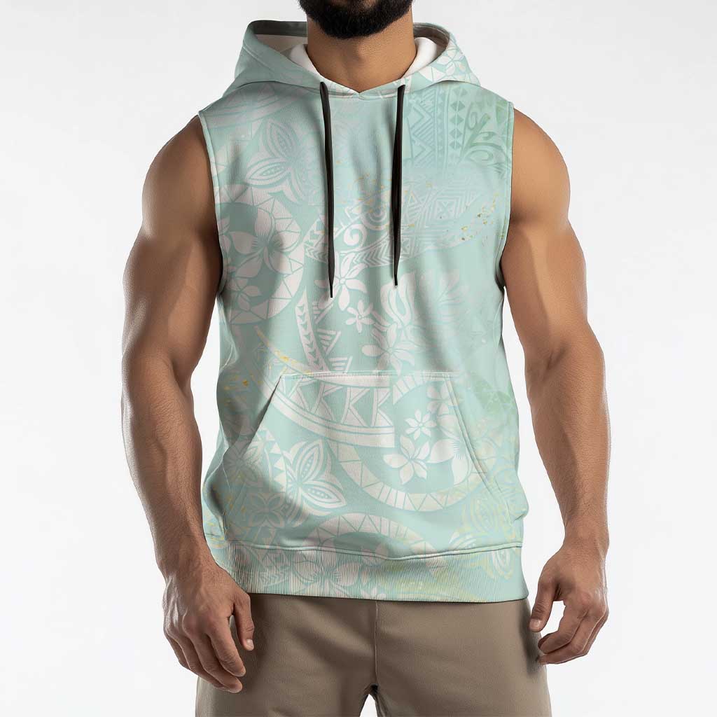 Polynesian Tiare Monstera Seafoam Green Sleeveless Hoodie Liquid Style - Polynesian Pride