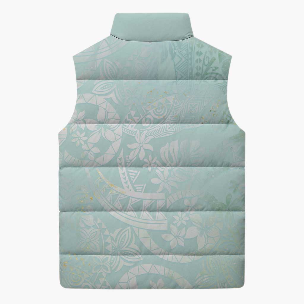 Polynesian Tiare Monstera Seafoam Green Sleeveless Puffer Jacket Liquid Style - Polynesian Pride