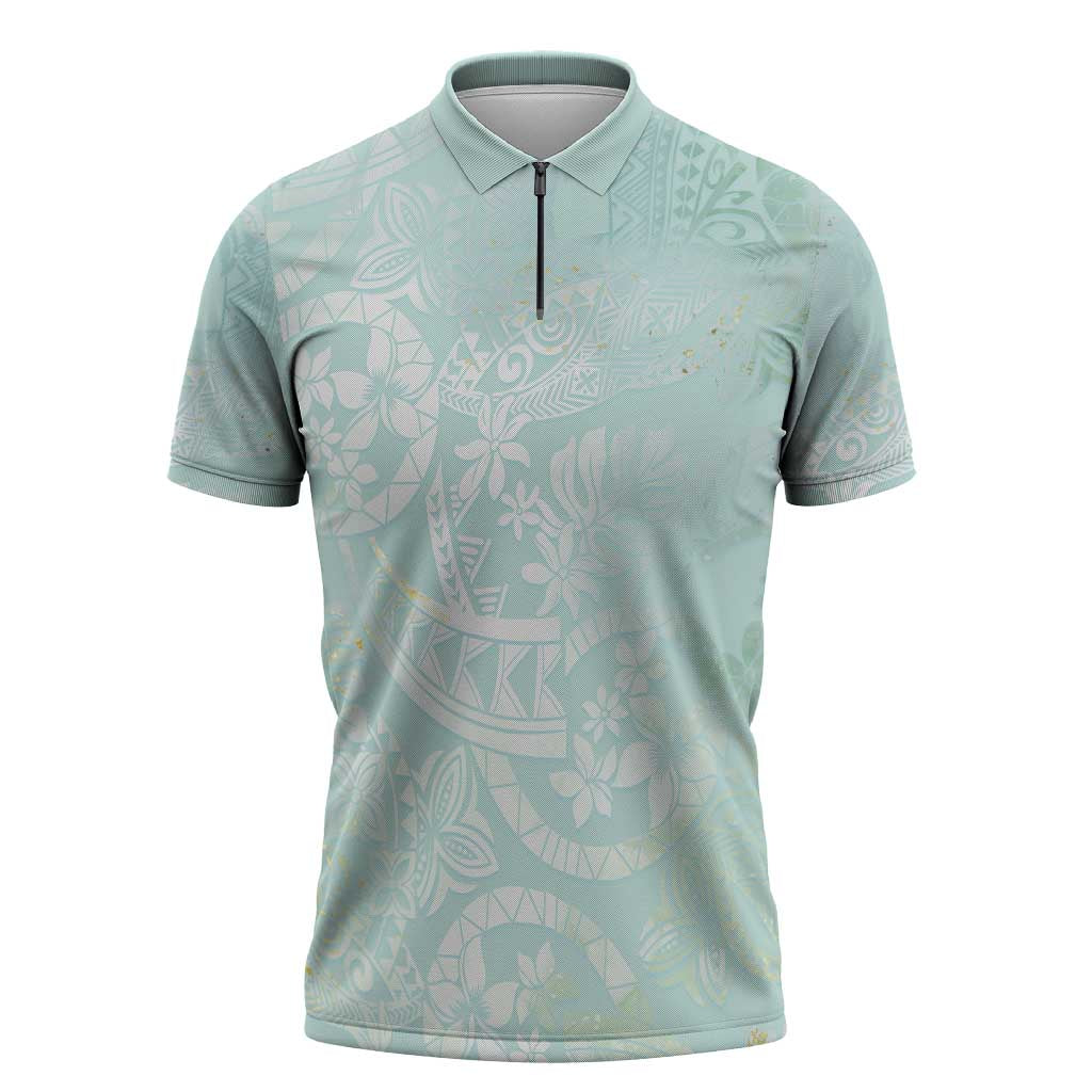Polynesian Tiare Monstera Seafoam Green Zipper Polo Shirt Liquid Style - Polynesian Pride
