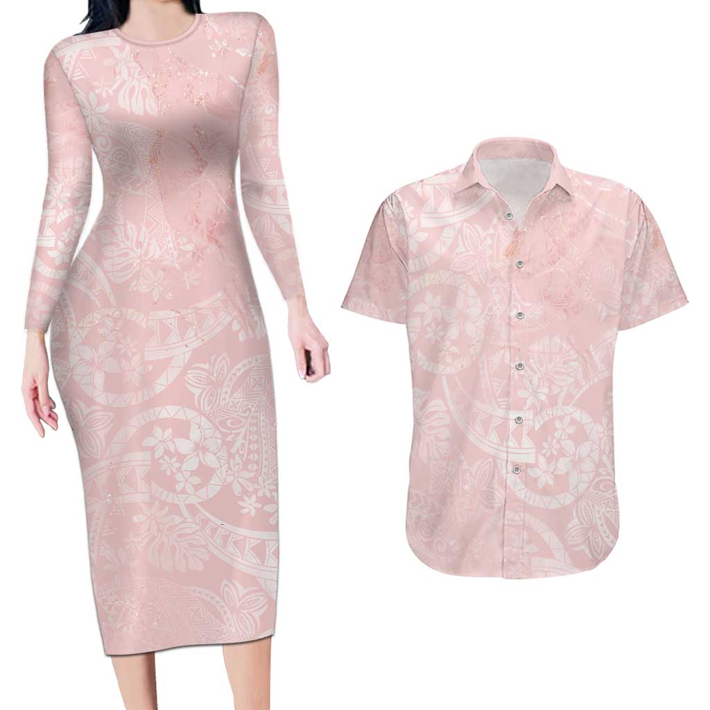 Polynesian Tiare Monstera Soft Pink Couples Matching Long Sleeve Bodycon Dress and Hawaiian Shirt Liquid Style - Polynesian Pride