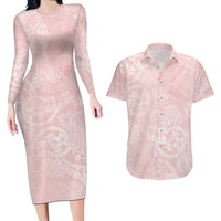 Polynesian Tiare Monstera Soft Pink Couples Matching Long Sleeve Bodycon Dress and Hawaiian Shirt Liquid Style - Polynesian Pride