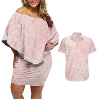 Polynesian Tiare Monstera Soft Pink Couples Matching Off Shoulder Short Dress and Hawaiian Shirt Liquid Style - Polynesian Pride