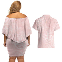 Polynesian Tiare Monstera Soft Pink Couples Matching Off Shoulder Short Dress and Hawaiian Shirt Liquid Style - Polynesian Pride