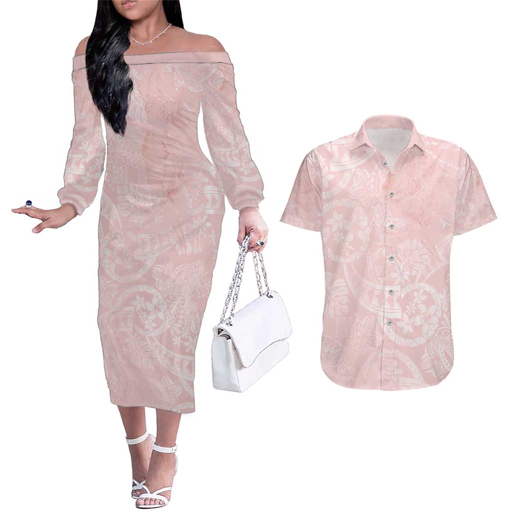 Polynesian Tiare Monstera Soft Pink Couples Matching Off The Shoulder Long Sleeve Dress and Hawaiian Shirt Liquid Style - Polynesian Pride